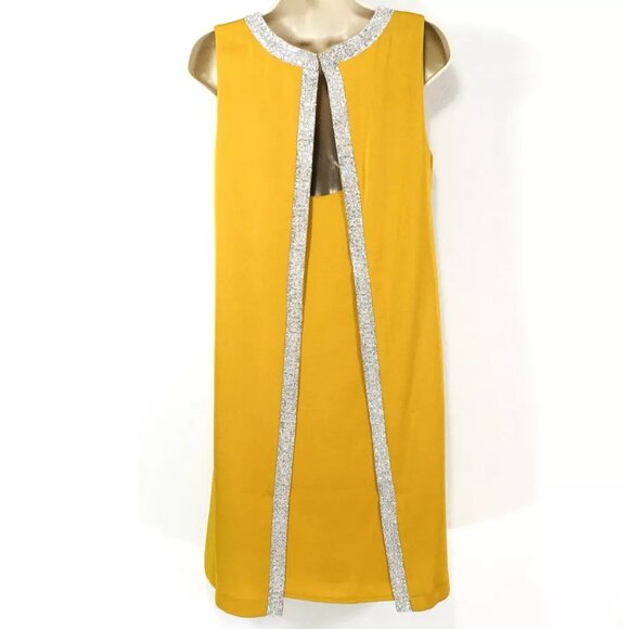 F & P Paris Marigold Satin Bejeweled Dress Sz M Open Flowing Back Panels - Picture 6 of 10